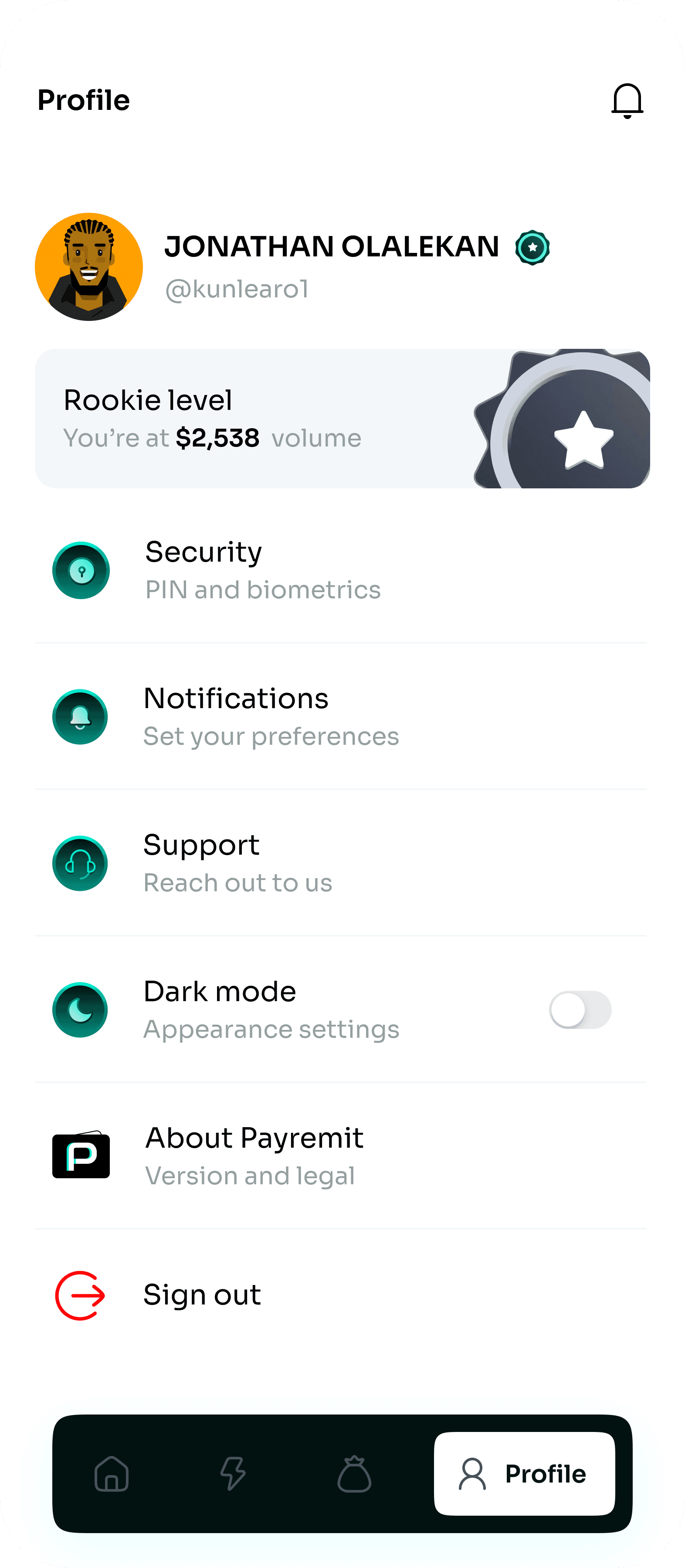 Digital Wallet app — profile and security settings, screen 5 of 5